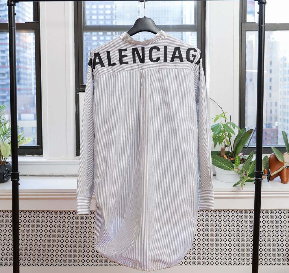 Balenciaga Logo Striped Oversized Tie Neck Shirt Blouse (FR 34 fits up to FR 44)